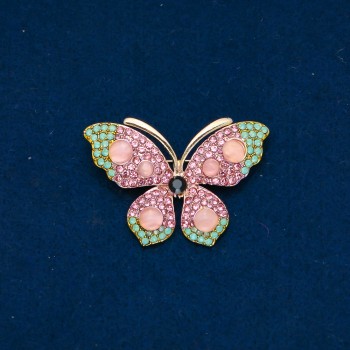 Butterfly Brooch, gold-toned metal, pink and turquoise rhinestones and pink beads 34×48mm +