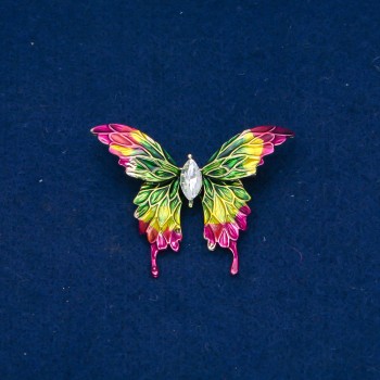 Butterfly Brooch with golden metal, enamel and white crystal, 38x50 mm +