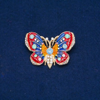 Butterfly Brooch with Golden Metal, Enamel, and White, Light Blue, Lime Green, and Pink Rhinestones 30x45mm +