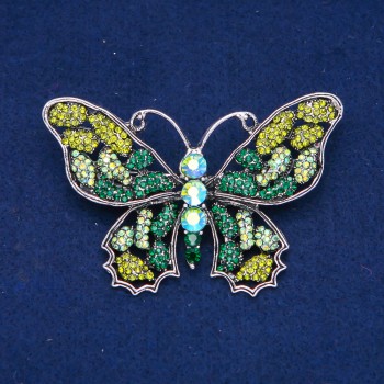 Butterfly Brooch in silvery metal, with green, lime, and gasoline crystals, 48×71 mm