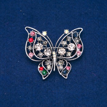 Butterfly Brooch in Silver-Toned Metal with Pink, Gray, and Gasoline-Colored Crystals, 46x52 mm