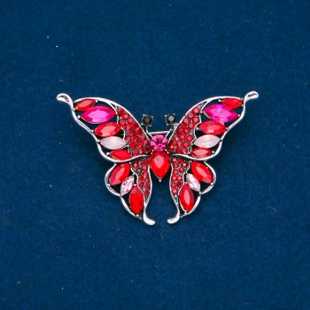 Butterfly Brooch, silver-colored metal, red, pink and white crystals, 37×60 mm +