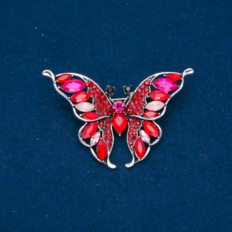 Butterfly Brooch, silver-colored metal, red, pink and white crystals, 37×60 mm +