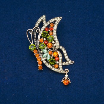 Butterfly Brooch with Golden Metal and Green Rhinestones