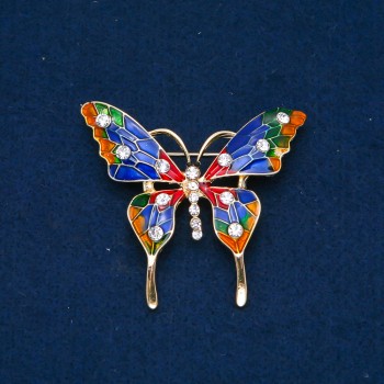 Golden Butterfly Brooch with Enamel and White Crystals, 48x54mm +