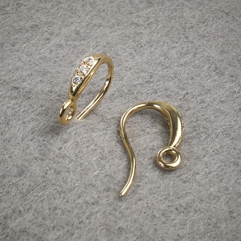Ear hooks for earrings with white crystals, yellow metal 14×2.5 mm pair