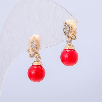 Xuping 18K Gold-Plated Stud Earrings with White Crystals and Red Bead, 20×8 mm diameter +