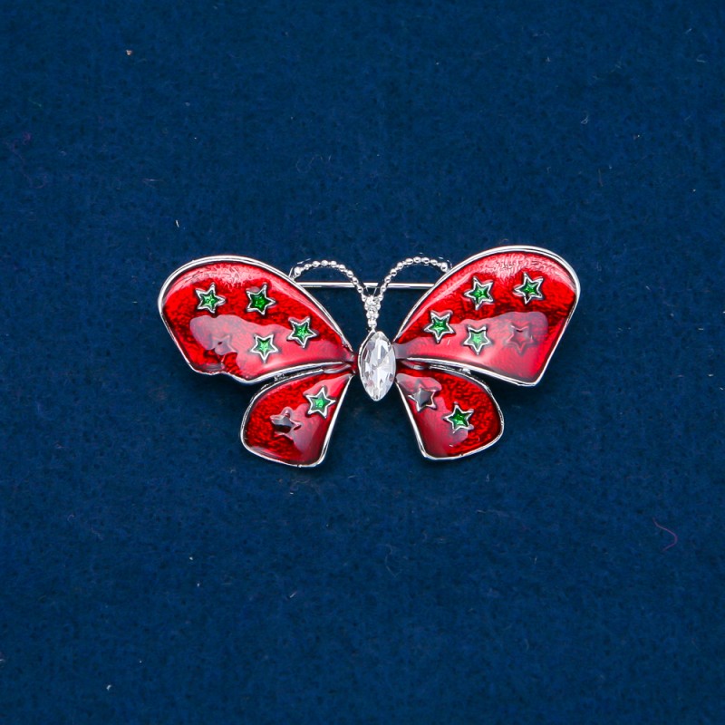 Butterfly Brooch in Gold-Tone Metal, Enamel, and White Rhinestone, 48x24mm +