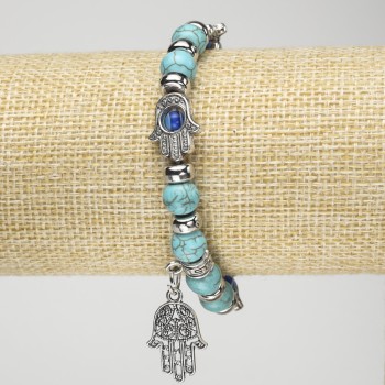 Turquoise Bead Bracelet on Elastic, about 8 mm in diameter, with silver palm-shaped inserts and pendants, length 18 cm+