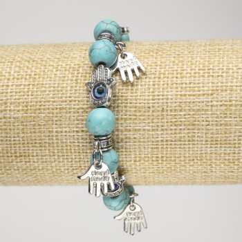 Turquoise bracelet (imitation) on elastic, 10 mm diameter ± with silver palm inserts and pendants, length 18 cm+