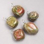 Pendant in a silver-plated weave with natural stones Jasper, Heliotrope, Unakite, diameter 35×20 mm