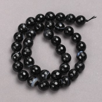 Beads on String - Black Agate Faceted Round Bead, 10mm diameter, 38cm length ±