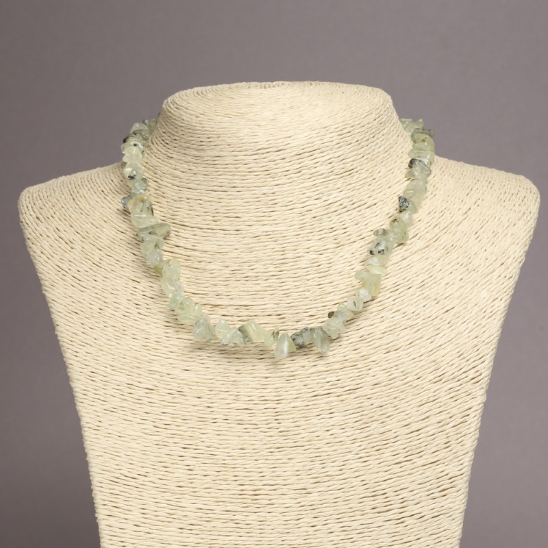 Prehnite bead necklace, 6–8 mm beads, 45 cm long with extender chain