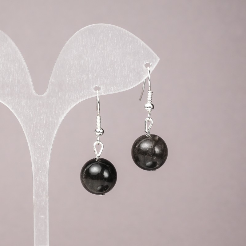 Earrings in Silvery Obsidian, smooth ball, 12 mm diameter, 33 mm length