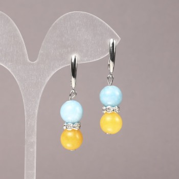 Earrings with natural Aquamarine and Citrine stones with white crystals, diameter 10 mm, length 43 mm
