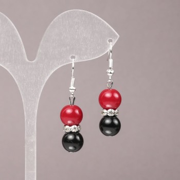 Earrings with Coral (Synthetic) and Agate (Pressed) with White Crystals, Smooth Beads, 10 mm Diameter, 42 mm Length