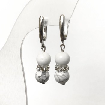 Earrings with natural howlite stone, smooth ball, 8 mm diameter ±, with white crystals, 40 mm length ±