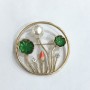 Brooch 'Plants' with enamel, white rhinestones and a bead, gold-tone metal 47mm+