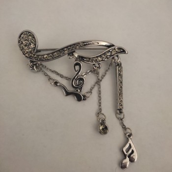 CLEARANCE Brooch 'Note with Pendants' in Dark Gray Metal and Rhinestones, 19x50 mm +