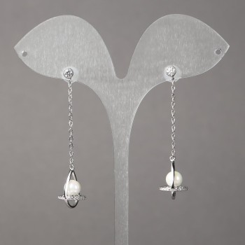 Xuping Rhodium-plated earrings with white crystals and beads, 15×11 mm, length 50 mm, thickness 1.1 mm