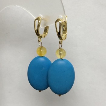 Earrings Blue Turquoise Oval 18x25mm ± and Citrine Smooth Bead 8mm ±, Total length 50mm ±