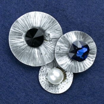 Brooch with crystals and beadwork, silver-toned metal, 55x45 mm +