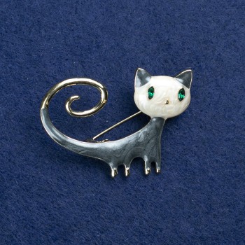 Brooch 'Kitty' in golden metal, enamel and crystals 44x32mm +