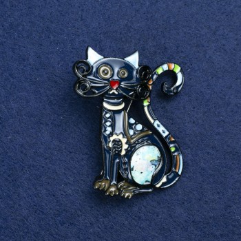 Brooch 'Kitten' silver-tone metal and enamel 47×37 mm +