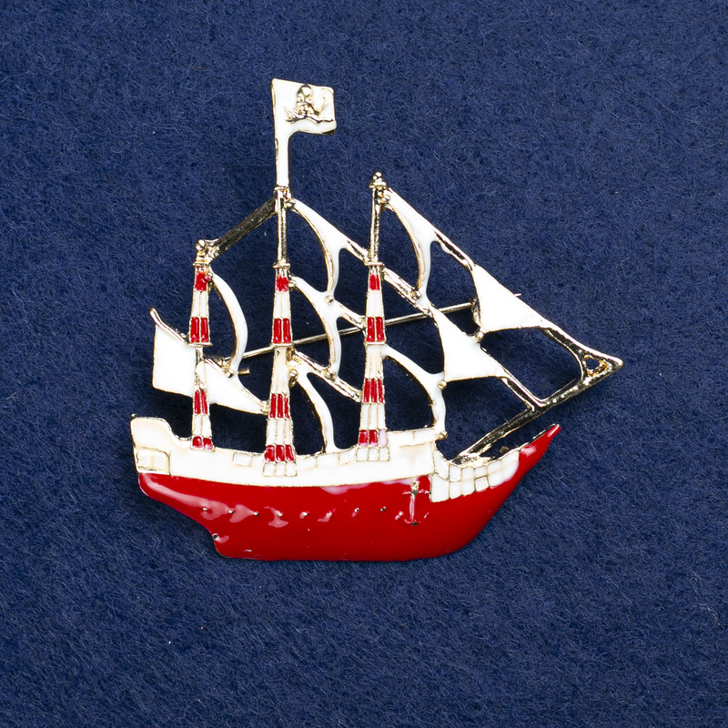 Brooch 'Ship' Gold-tone Metal and Enamel 53×50 mm +