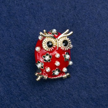 Owl Brooch in golden metal, enamel, beads and crystals, 30x25mm +