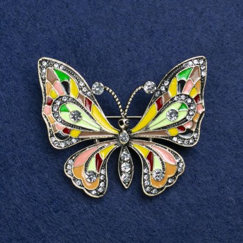 Butterfly Brooch, golden metal, enamel and rhinestones, 54×45 mm +