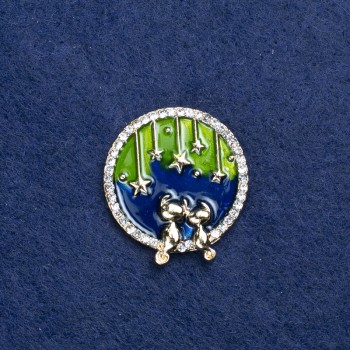 Planet Brooch in Golden Metal, Enamel, and Crystals, 25mm +