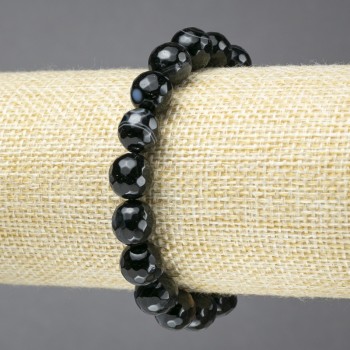 Elastic bracelet with natural stone — black eye agate, faceted bead, 10mm diameter+