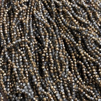 Beads Czech Crystal on thread, assorted gray transparent with golden plating, faceted rondelle, diameter 3×2.5 mm, length 36 cm