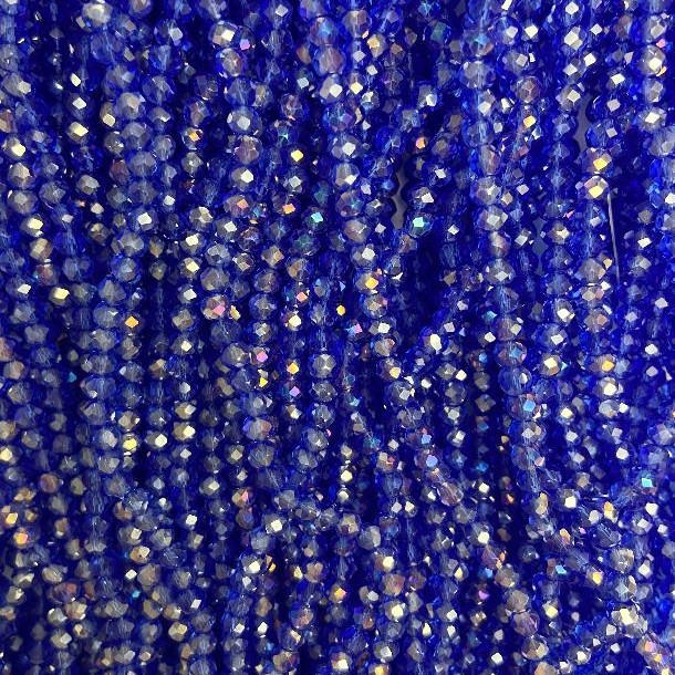 Blue Transparent Czech Crystal Beads on Thread, Gasoline Finish, Faceted Rondelle, Diameter 3.5×3 mm, Length 36 cm