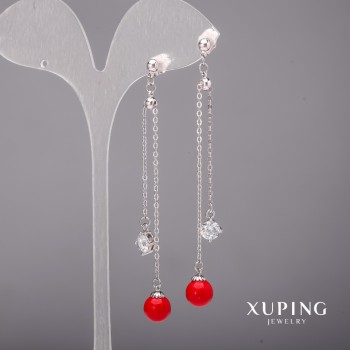 Xuping Earrings with White Stones and Majorca Pearls, Rhodium-Plated, 8x80 mm