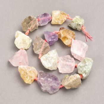 Unpolished stone beads assortment: Pink Quartz + Citrine + Prenite, bead strand on thread, 20x25 mm diameter, 42 cm length