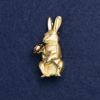 Brooch Bunny with Flower, Golden Metal, Enamel and Crystals, 50×22 mm +