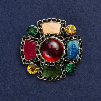 Brooch 'Accent' gold-toned metal, enamel and crystals 50 mm +