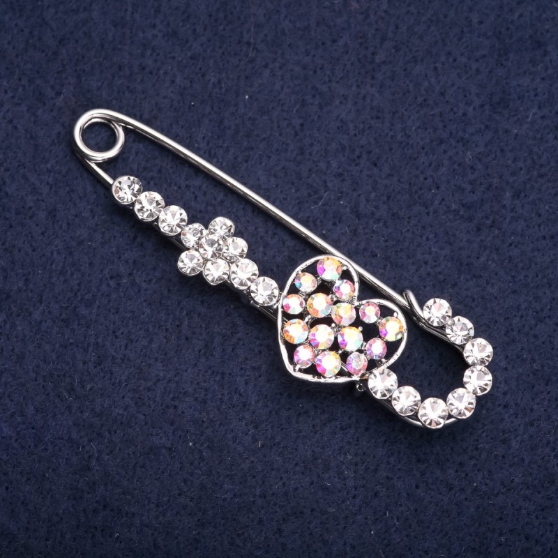 Brooch pin Heart with white chameleon crystals 70x20mm silver metal