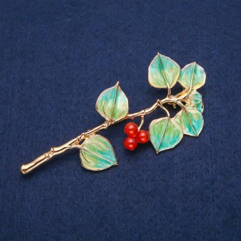 Brooch 'Berry Clusters on a Branch' Carnelian and Green Enamel, Golden Metal 38x83mm