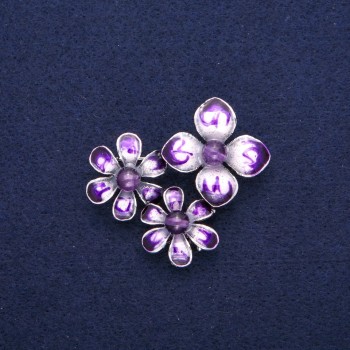 Brooch pendant 'Flowers with Amethyst and Purple Enamel', silvery metal 36×46 mm