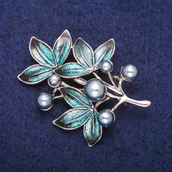 Brooch Twig with Pearl and Enamel, Silver-Toned Metal 38×47 mm