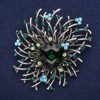 Large Accent Brooch with Crystals and Stone, Blue and Sea-Green Color, 44x42 mm, Silver Metal