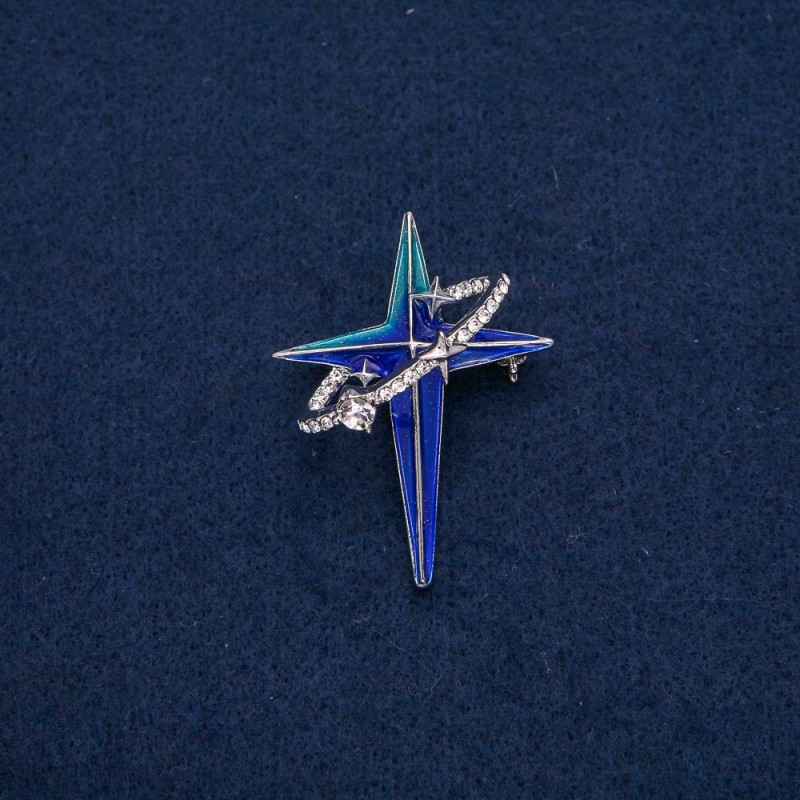 Brooch-pendant 'Star in an Oval Ring' in silver-tone metal with white crystals and blue turquoise enamel 45x33mm +