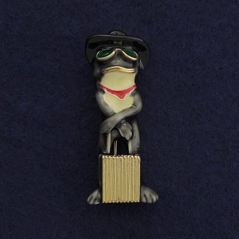 Brooch pendant Frog with a suitcase - gold-tone metal, gray enamel 45x18mm +