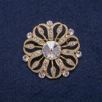 Flower Brooch in Golden Metal with White Crystals, 38x38 mm