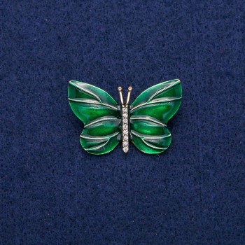 Brooch Butterfly with Green Enamel and Crystals, 22×33 mm, Golden Metal