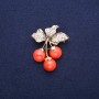 Cherry Brooch with Beads and White Rhinestones, Gold-Tone Metal 38x45mm