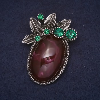 Brooch Accent Amethyst, 45×32 mm, cabochon, rhinestones, silver-tone metal